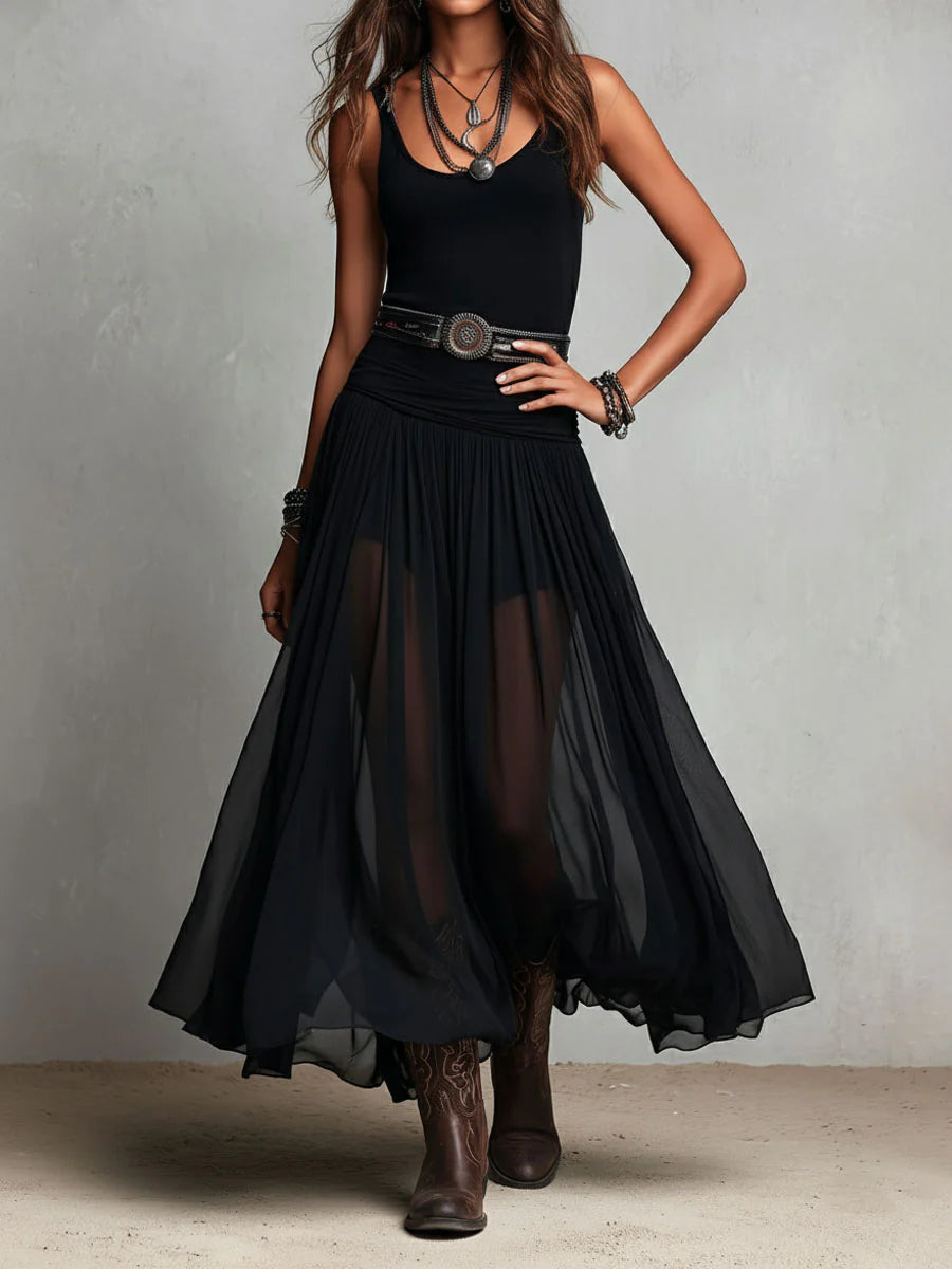 Black Sleeveless Tank Top With Tulle Skirt Maxi Dress (with belt) – Lily's Coastal Boutique